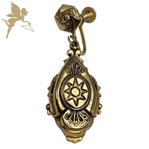 VINTAGE  RARE 1940s MCM Gold Tone Etched Boho Drop Earrings - Picture 7 of 9